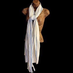 Eileen Fisher Organic Cotton Lightweight Striped Scarf Blue White Woven Frayed